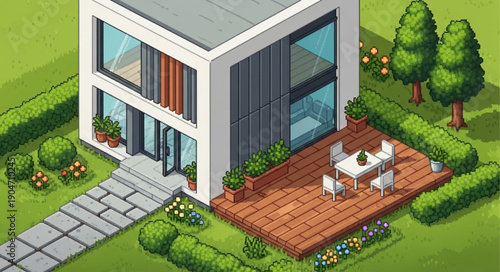 Modern Isometric House With Deck and Garden.