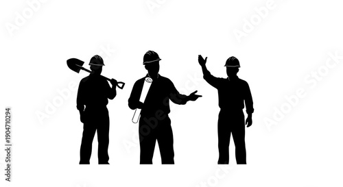 Three construction workers in silhouette discussing project plans