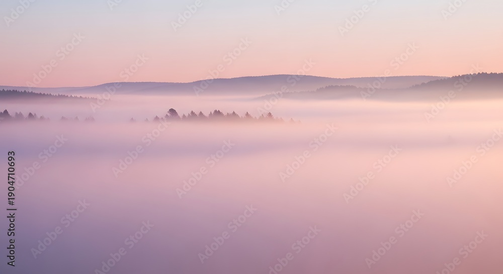 Obraz premium Misty Sunrise Over Rolling Hills with Soft Pink and Purple Hues.