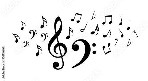 Elegant treble and bass clef with scattered musical notes