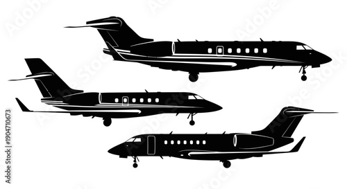 Luxury private jets in various orientations on white background