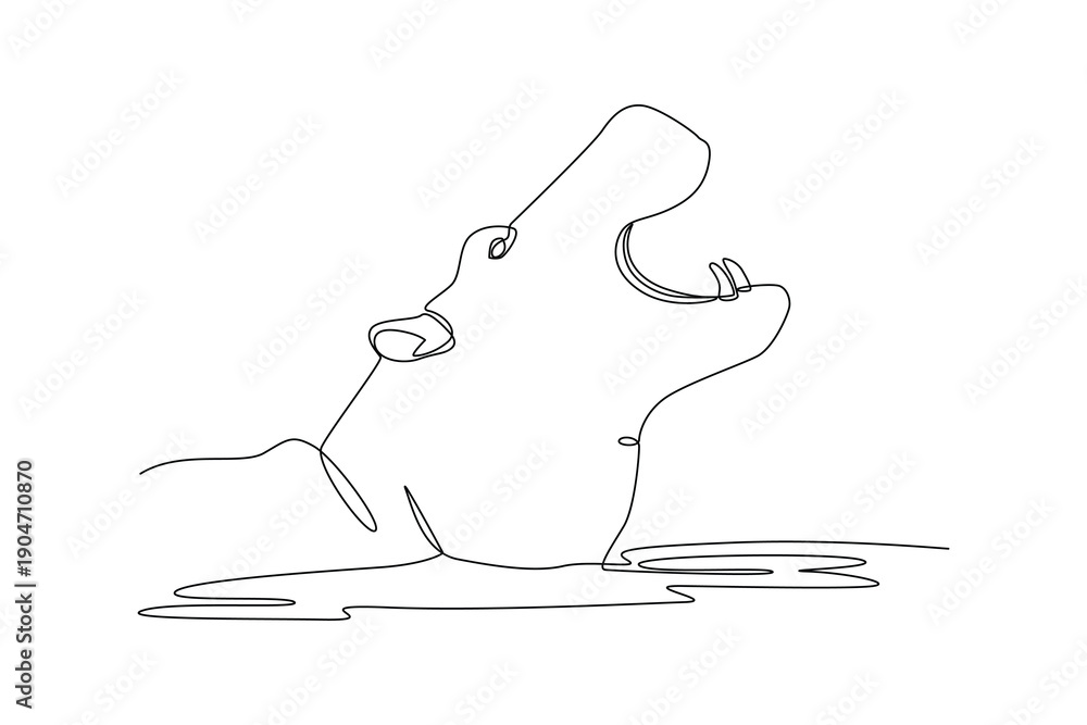 Obraz premium Hippopotamus Opening Mouth In Water. Wild Animal Concept. Single line draw design Video 4k. Footage graphic illustration