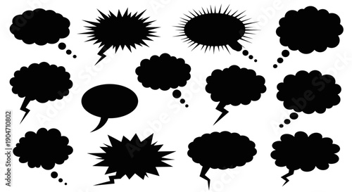 Collection of comic book style speech bubbles and thought clouds