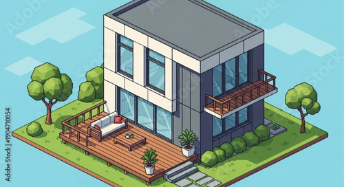 Modern Isometric House with Deck and Trees.