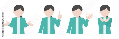 ビジネス女性ポーズ4種セット（案内・指差し・OK・禁止）