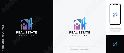 Real Estate Logo with Upward Trend Arrows and House Icon.