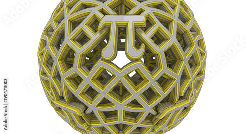 Golden Pi Symbol in Complex Geometric Sphere 3D Render. Mathematics, Engineering, and Scientific Data Concept.