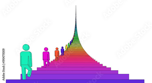 Diverse People Climbing Rainbow Stairs to Success and Achievement. Concept of Ambition, Career Path, and Social Mobility.