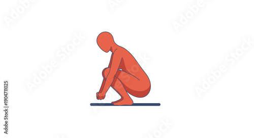 Minimalist Deep Squat or Crouching Figure Vector Icon. Abstract red character in resting pose for anatomy, exercise, fitness, and relaxation designs.