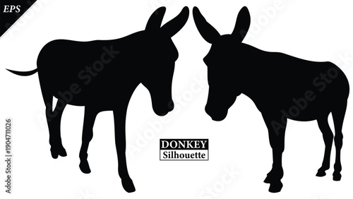 set of Silhouette of Donkey Animal Isolated on White Background, silhouette of a donkey on white, Simple donkey silhouette vector flat illustration, different poses, rural life, hard work, livestock,
