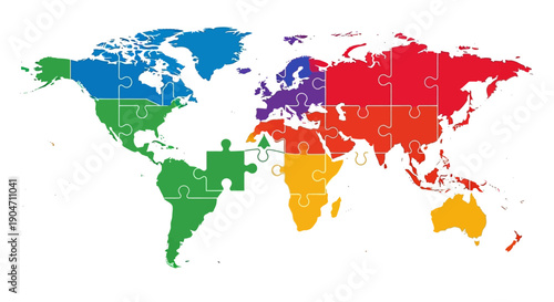 Colorful Puzzle World Map. Global Partnership, Geopolitical Unity, and Interconnectedness Concept. Vector Illustration on White.