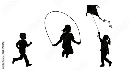 Children playing outside with jump rope and kite in fun
