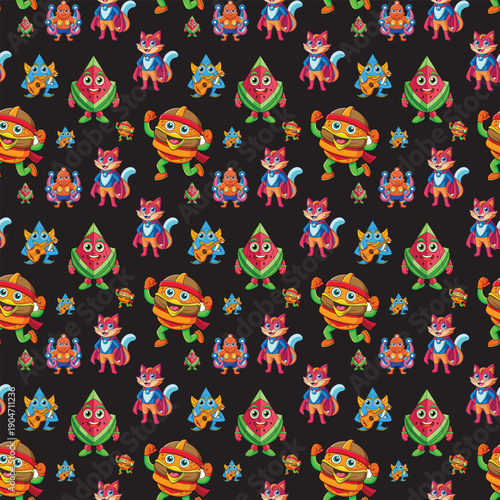 A seamless pattern featuring a variety of cartoon characters including a running hamburger, a watermelon slice, a fox superhero, a blue star playing a guitar, and an orange octopus, all on a black