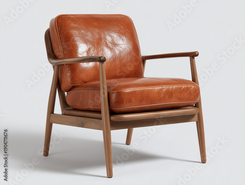 Simple Mid-Century Modern Wood and Leather Armchair