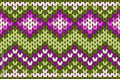 Seamless ethnic-style knitted yarn pattern in green and purple.