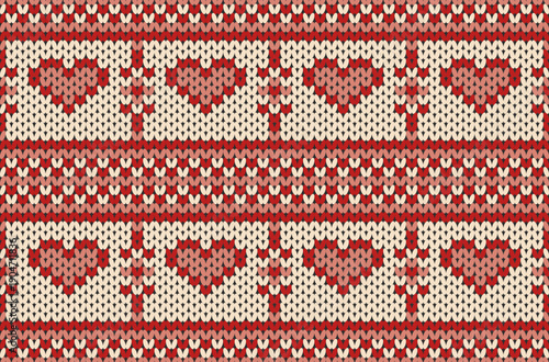 A knitted yarn pattern in shades of red, featuring small heart shapes within a square frame, vector illustration, eps file.
