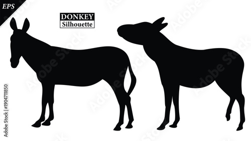 set of Silhouette of Donkey Animal Isolated on White Background, silhouette of a donkey on white, Simple donkey silhouette vector flat illustration, different poses, rural life, hard work, livestock,