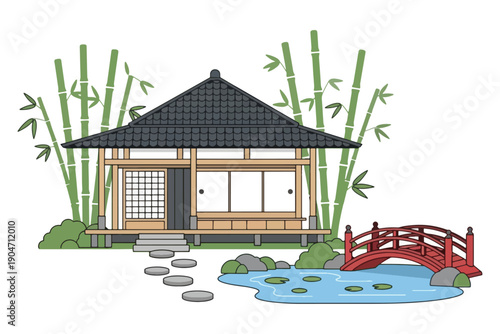 Japanese tea house vector, zen garden illustration, bamboo pond simple shapes