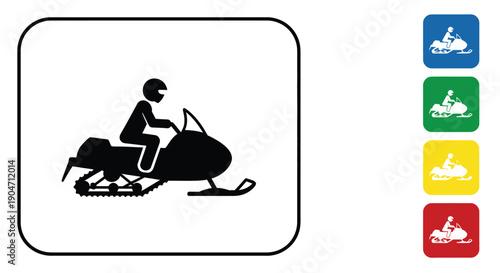 Black and white pictogram of a person riding a snowmobile presented with colored icon variations