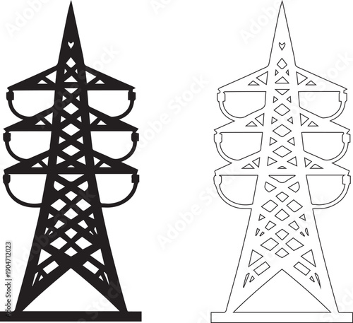 electric power transmission towers in black and white icon vector set.
