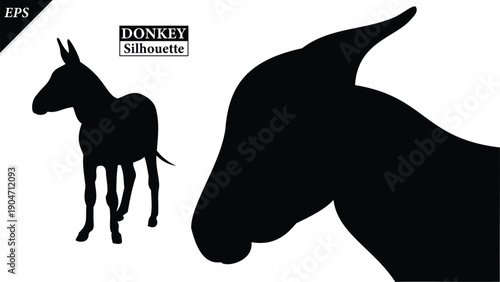 set of Silhouette of Donkey Animal Isolated on White Background, silhouette of a donkey on white, Simple donkey silhouette vector flat illustration, different poses, rural life, hard work, livestock,