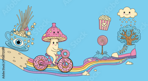 Cartoon Mushroom Character Riding Bicycle.