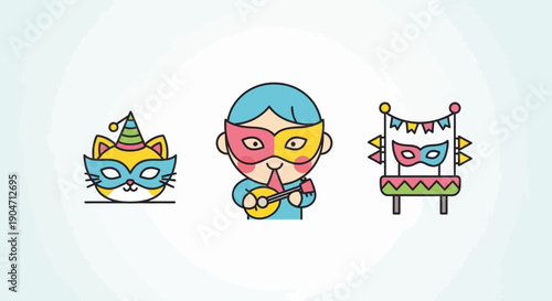 Colorful Cartoon Characters and Party Hats.