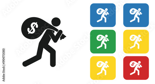 Stick figure thief running away quickly carrying a large heavy sack filled with money