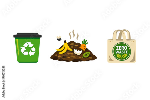 Three icons representing environmental sustainability including a green recycling bin, a compost pile with food scraps, and a reusable cloth bag with a zero waste logo on a black background.