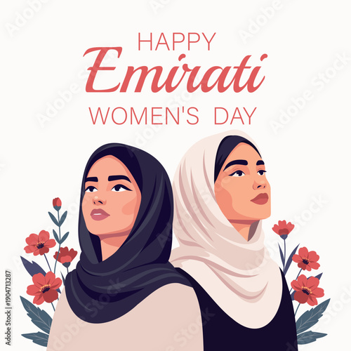Emirati Women’s Day. Vector banner with space for text. Two Arab Muslim women wearing hijabs look up against a light background with flowers. Symbols of dignity, empowerment. For holidays, cultural