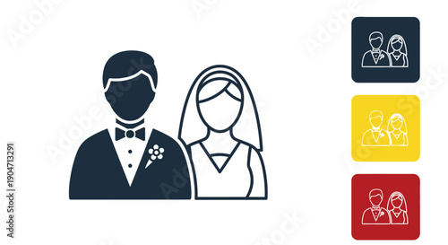 Simple black and white icon set depicting bride and groom figures alongside colorful variations