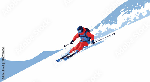 A skier in red and blue ski gear speeds down a snowy slope with a trail of snow behind them.
