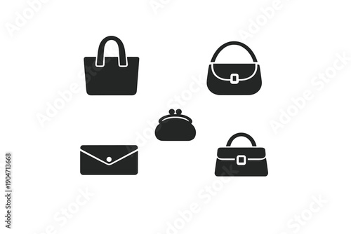 A collection of five handbag silhouettes including a tote, a clutch, a shoulder bag, a satchel, and a coin purse, shown as minimalist icons with white outlines on a black background.