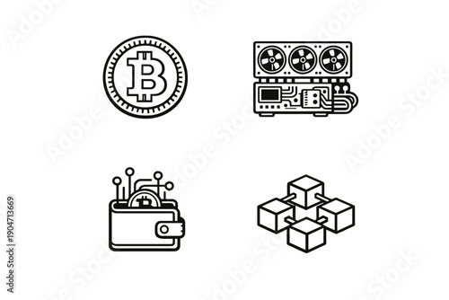 A set of four white minimalist icons on a black background representing cryptocurrency concepts including a digital coin, a mining rig, a digital wallet, and a blockchain network.