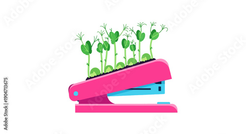 Growth and Sustainability Concept: Pea Shoots Growing Out of a Pink Office Stapler. Eco-friendly Business Vector Illustration on White.