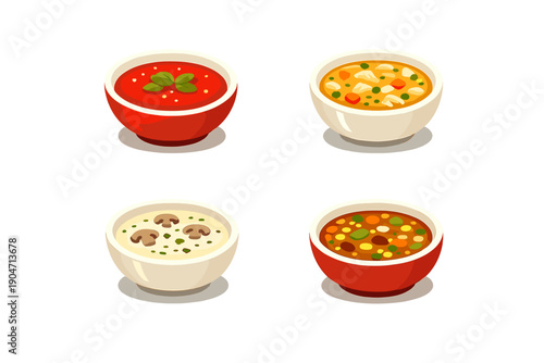 An illustration featuring four bowls of various soups including tomato, vegetable, mushroom, and bean stew, arranged in a grid on a solid black background.