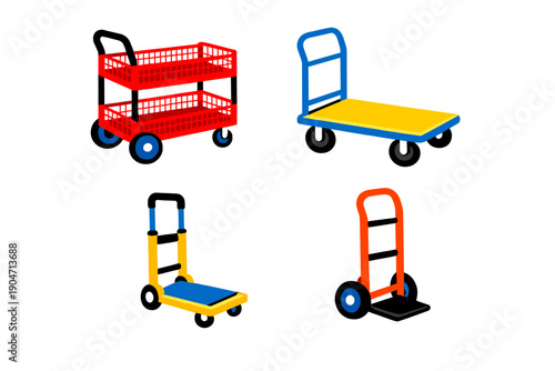 This illustration features four types of manual transport equipment, including a red basket cart, a blue platform truck, and two hand dollies, all set against a solid black background.