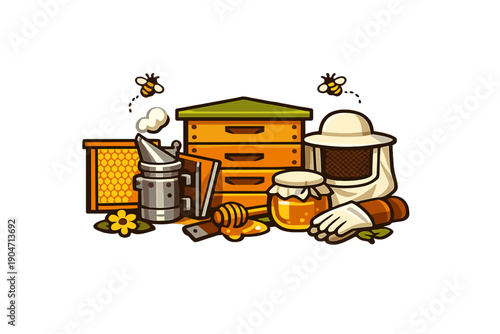 This vector illustration features beekeeping essentials such as a wooden beehive, a smoker, a jar of honey with a dipper, a honeycomb frame, and protective clothing on a black background.