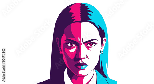 Serious Woman Pop Art Vector Portrait. High-contrast illustration depicting female anger, frustration, and determination in vibrant neon colors.