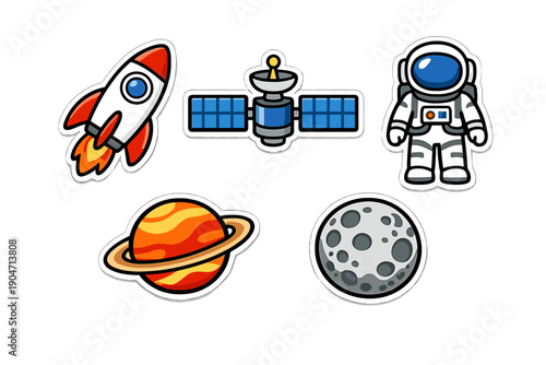 A collection of five space-themed cartoon stickers featuring a rocket, a satellite, an astronaut, a ringed planet, and a cratered moon, all set against a solid black background.