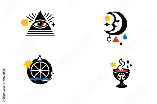 A collection of four mystical icons featuring an eye in a pyramid, a crescent moon with a face, a wheel over waves, and a chalice with a pentagram on a black background.