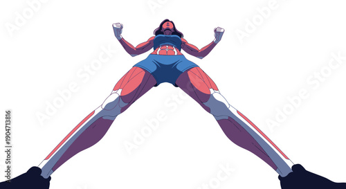 Low Angle Power Stance: Dynamic Anime Style Woman Showing Detailed Muscle Anatomy. Female Superhuman Fitness and Strength Illustration on White Background.