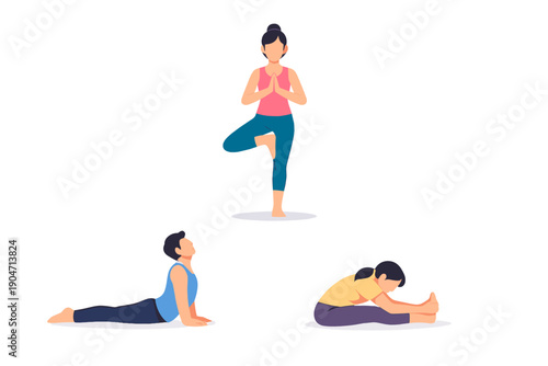 Three flat vector illustrations of people practicing different yoga poses including tree pose, cobra pose, and seated forward bend against a solid black background.
