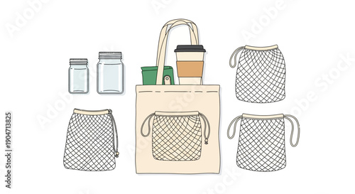 Sustainable Zero Waste Shopping Kit. Hand-Drawn Vector Illustration of Reusable Tote Bag, Mesh Produce Bags, Coffee Cup, and Glass Jars.