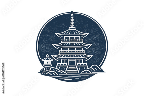 A minimalist white line art illustration of a traditional Japanese pagoda and stone lantern set against a dark blue circular background with a textured, vintage aesthetic.