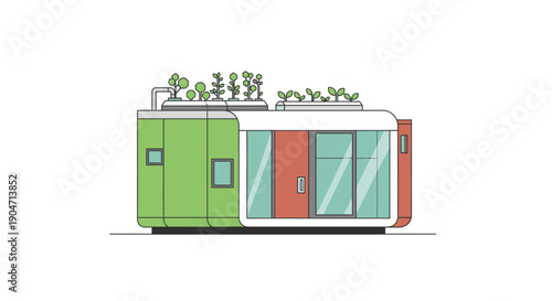 Flat Design Illustration of a Sustainable Modular Tiny House with Green Roof. Modern Prefab Container Home Architecture Concept.