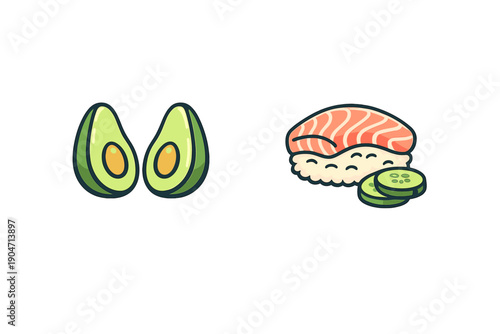 A cartoon illustration featuring two halves of an avocado with pits alongside a piece of salmon nigiri sushi and two cucumber slices, all set against a solid black background.
