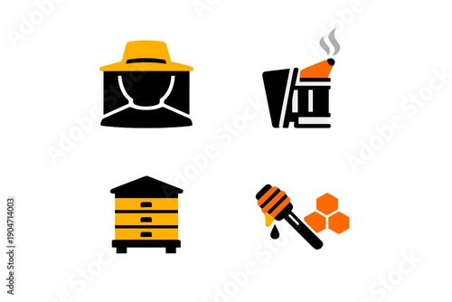 A set of four orange and black beekeeping icons featuring a beekeeper hat with a veil, a smoking bee smoker, a stacked beehive, and a honey dipper with a honeycomb on a black background.