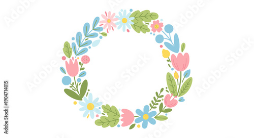 Colorful Floral Wreath with Leaves and Flowers.