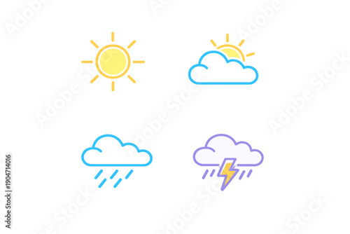 A collection of four vibrant weather icons on a black background depicting sunny, partly cloudy, rainy, and stormy conditions using a simple and modern line art style.